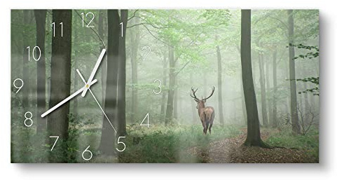 DEQORI Glasuhr | vertikal 60x30 cm | Motiv Hirsch zwischen Bäumen | große XXL Design Uhr aus Glas | leise Wanduhr für Wohnzimmer & Küche | moderne Hingucker Uhr für die Wand
