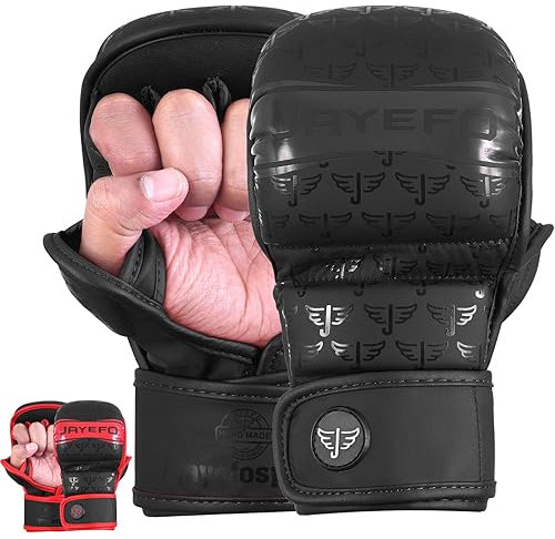 Guanti MMA Jayefo | Guanti da combattimento e presa aperti sul palmo | Arti marziali per uomini e donne | Supporto per il polso | Sport da combattimento: MMA, Boxe, Muay Thai, Kickboxing (Nera, L-XL)