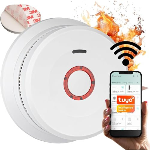 NAHOUSE - Detector de humo conectado WiFi NF alarma contra incendios casa inteligente sensor fuego botón prueba pegatina imán pilas suministradas estándar EN14604