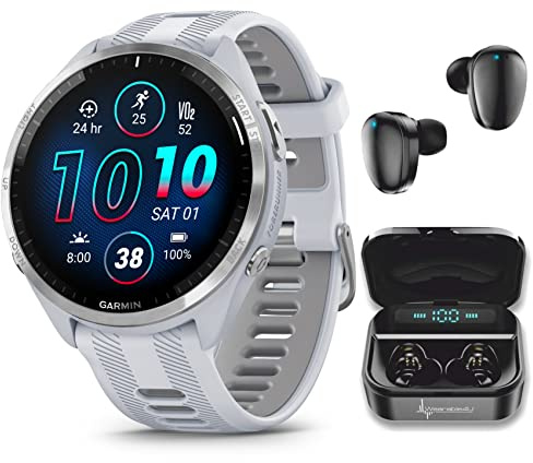 Wearable4U Garmin Forerunner 965 Premium GPS Running and Triathlon 47mm Smartwatch with AMOLED Touchscreen Display, Titanium Bezel Whitestone Silicone Band Black Earbuds Bundle, White +Blk EarBuds