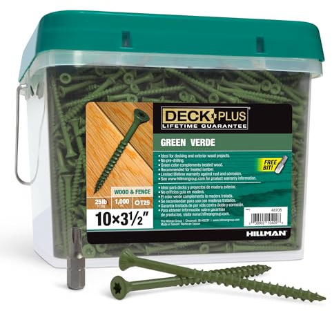 Deck Plus 3-1/2 Inch Epoxy Coated Exterior Wood and Fence Screws #10 x 3-1/2 Torx/Star Drive Included Coarse Thread, Outdoor Rust Resistant Decking Screw, Green, 25lb Box, 1400 Pieces | 48708