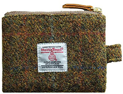 Harris Tweed Mini-Münzgeldbörse, handgefertigt, Lippenstift-Tasche, Vintage, britisch, tragbar, Kreditkarten-/Ausweis-Geldbörse mit YKK-Reißverschluss für Damen und Herren, Helles Braun, Kunstkariert