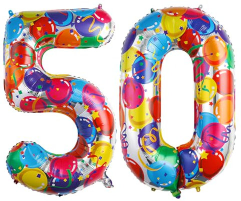 Ponmoo 40 Pouces Foil Ballons Chiffre 50 Multicolore (101cm), Gonflable Hélium ou Air, Géant Numéro 0-9, 10-29, 30-100, Grand Ballon pour Mariage, Décoration de Fête d'anniversaire