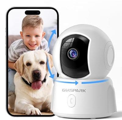 Golspark Indoor Security Camera 2K, Pet Camera for Home Security, Dog Cam Pan/Tilt, Motion Tracking, 2-Way Audio, Night Vision Baby Monitor, Siren Alert, Phone App, 24/7 Cloud &SD Card Storage, 2.4GHz