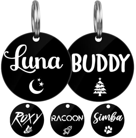 Etiquetas de identificación grabadas para mascotas, Placas de personalizadas para perros y gatos, Placa de acero inoxidable redondas negra grabada con láser (Redondo con símbolo)