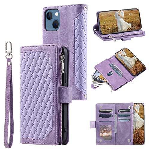 QLTYPRI Wallet Case for iPhone 13(6.1 inch),Luxury Quilted PU Leather Wallet Case with Card Slots for Women,Magnetic Zipper Purse Case with Wrist Strap Kickstand Shockproof Flip Cover-Purple