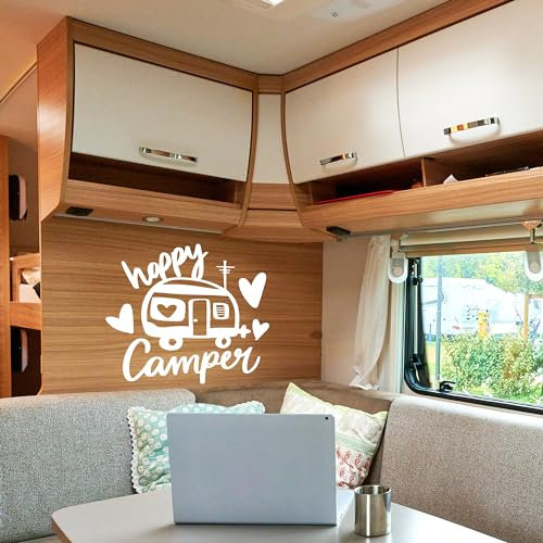GRAZDesign Wandtattoo Sprüche Happy Camper Camping, Aufkleber Wohnbobil Reise für Wohnzimmer, Flur, Innen und Außen - 34x30cm / schwarz