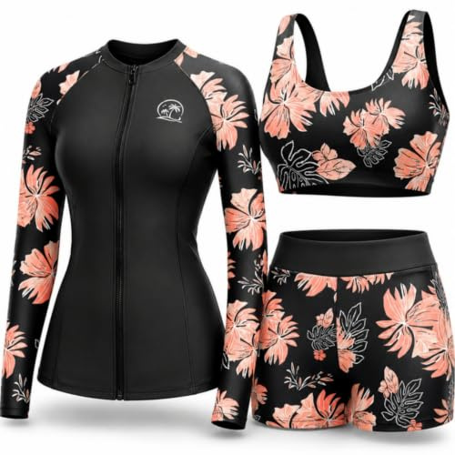 Holipick Orange Floral Long Sleeve Swimsuits for Women - 3 Piece Rash Guard with Shorts Zipper SPF Swim Shirt with Built in Bra M