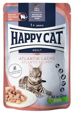 Happy Cat Culinary Meat in Sauce Lachs Nassfutter Pouch, 85 g | Getreidefreies Nassfutter mit Lachs in Sauce, für ausgewachsene Katzen ab 12 Monaten, Pouch 85 g