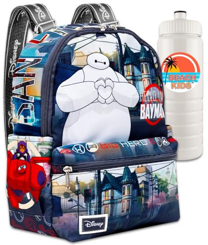 Disney Big Hero 6 Mini-Rucksack für Kinder, Set mit 33 cm großem Baymax-Mini-Rucksack mit Fronttasche und Wasserflasche, Disney Big Hero 6 Schulranzen Rucksack für die Schule