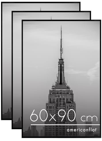 Americanflat Cadre Photo Noir de 60x90 cm - Lot de 3 - Cadre de 60x90 cm avec Encadrement Fins, Vitre en Plexiglas et Matériel de Suspension pour Affichage Vertical ou Horizontal
