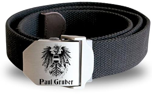 Gürtel mit Edelstahlschnalle mit Gravur Österreich und Name Wunschtext personalisiert Wappen Adler Workwear Stoffgürtel Austria Flagge Fahne