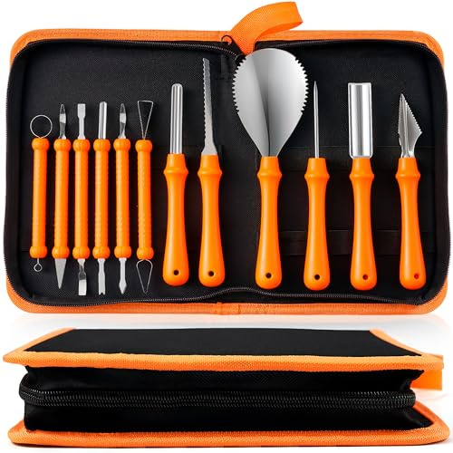 JOYIN 12 Pcs Halloween Pumpkin Carving Kit Tools, Professional Carving Set with Handbag, 12 Stainless Steel Double-sided Sculpting Tool for Kids DIY Jack-o-Lantern Party Decor Family Craft Supplies