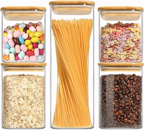 VIEWELLD Food Storage Containers with Airtight Bamboo Lids Set of 5, Glass Canisters with Airtight Lids, Glass Food Storage Containers for Pasta, Oats, Coffee, Flour, Sugar, Best for Kitchen, Square