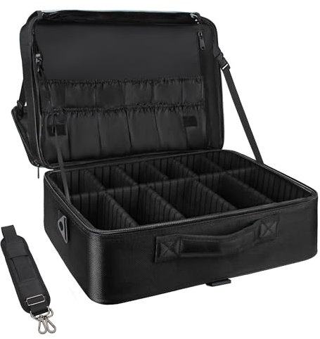 Twofold Extra Large Makeup Bag Organiser Professional Makeup Bag Large Makeup Case with Adjustable Dividers, Adjustable Angle Fixed Belt and Shoulder Strap Black