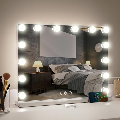 Aovquof Hollywood Spiegel mit Beleuchtung, Schminkspiegel mit 14 LED-Leuchten, 3 Lichtmodi, mit USB und 10x Vergrößerung, Tischplatte oder Wandhalterung für Schlafzimmer (50×40cm)