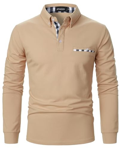 APAELEA Poloshirt Herren Langarm Baumwolle Golf T-Shirt Casual Tops,Khaki,XL
