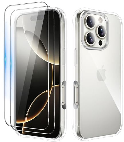 iCatchy Clear Case for iPhone 16 Pro (6.3-Inch) – Military-Grade Rugged Shockproof Bumper Phone Cover and 2X HD Tempered Glass Screen Protector & Anti-Yellowing Transparent Back