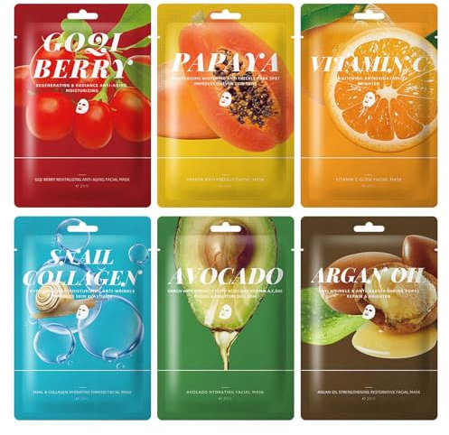 6 Stück Tuchmasken Gesicht, Gesichtsmasken Set,Masken Beauty 25ml Daily Care Gesichtsmasken,Beruhigt,Spendet Feuchtigkeit und Glättet Die Haut,Geeignet für Unterschiedliche Hautbedürfnisse