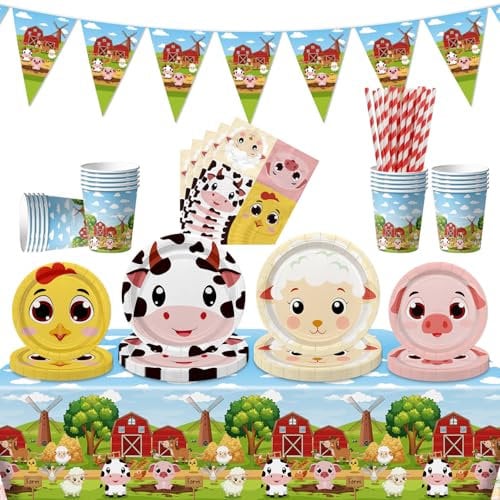 APUXXJUPA Farm Birthday Party Supplies, Including Farm Napkins Farm Animal Plates Tablecloth Banner and Dinnerware for Farm Theme Birthday Decorations, Serves 20