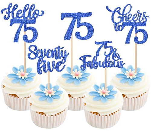 Xsstarmi 30 Pack Happy 75th Birthday Cupcake Toppers Blue Glitter Hello 75 Fabulous Seventy Five Birthday Cupcake Picks Cheers to 75 Years Cake Decorations for Happy 75th Birthday Party Supplies