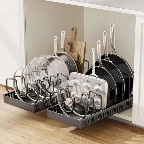 IVTUVTI 2er-Pack ausziehbare Töpfe und Pfannen Organizer unter dem Schrank,Töpfe und Pfannen Organizer für Schrank, Pfannenorganisatoren Aufbewahrung mit 8 verstellbaren Trennwänden (Schwarz)