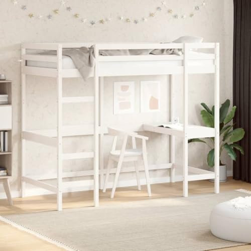 KOIECETA Hochbett mit Schreibtisch Bett für Jahren Stockbett mit Sperrholzlatten Etagenbett Weiß 90x190 cm Massivholz Kiefer
