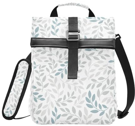 Lonchera aislada con parte superior enrollable para mujeres y hombres, hojas grises y azules, ramas plegables, lonchera enrollable reutilizable con correa para el hombro