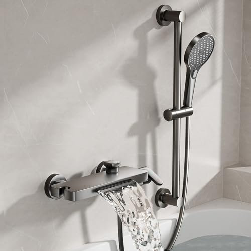 XJTNLB Badewannenarmatur Wasserfall mit Ablage Wand Dusche Armatur Grau mit Handbrause Mischbatterie Badewanne Messing-A