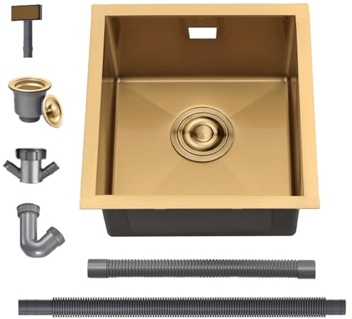 BoomHoze Fregadero Cocina 40 x 40 cm, Fregadero Bajo Encimera, Fregadero Acero Inoxidable Con Rebosadero Y Escurridor, Instalación Empotrada O Sobre Encimera (Oro)
