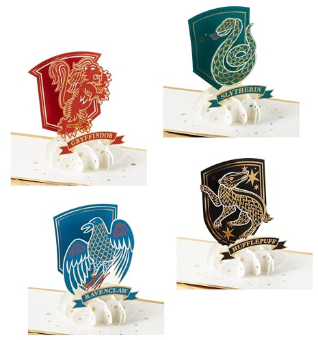 Hallmark Harry Potter 3D Pop Up Greeting Cards, Hogwarts Crests, 4-Pack | Gryffindor, Slytherin, Ravenclaw, Hufflepuff, Popped Up Card 11.9x34.6x11.9cm, Gold Foil Envelope