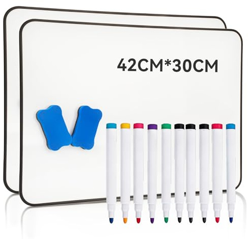 Hisredsun 2 Pack A3 Double Sided Magnetic Small Whiteboard for Classroom | With 10 Markers, With Erasers,Magnetic Surface, For School,Home,Office Use, Portable Mini Whiteboard,Dry Erase Whiteboard