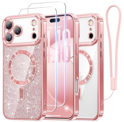 Meifigno Designed for iPhone 17 Pro Max Case 6.9, [Glitter Card & Wrist Strap] [Compatible with MagSafe] [2X HD Screen Protectors] Surround Raised Lens Protection for 17 Pro Max Case, Rose Gold