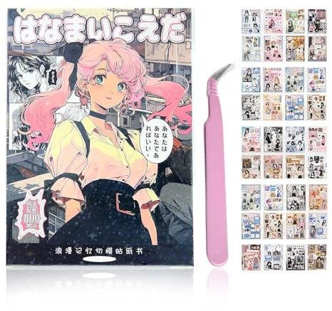 Japanese Manga Style Sticker Book + Tweezer, 45 Pages Japanese Manga Sticker with 800+ Reusable, Creative DIY Handbook Material Decorative Stickers Stickers for Scrapbooking, Journals (1Set-A)