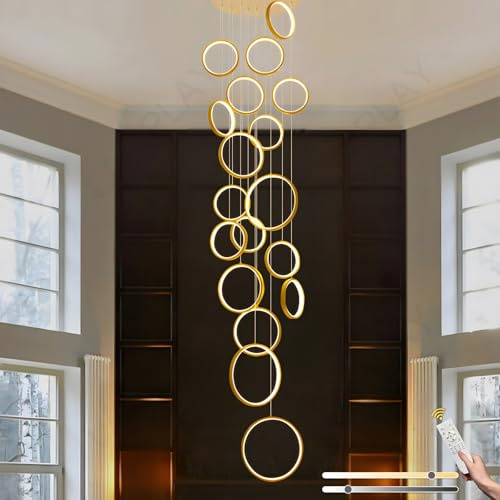 LAMPLAY LED-Kronleuchter Für Lange Treppen, Hoher Decke Mit 18 Golden Ringen Lampe, DIY-Höhenverstellbare Pendelleuchte Für Den Eingangsbereich, Dimmbar Mit Fernbedienung 3000K-6000K