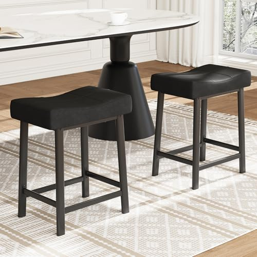 Bar Stools Set of 2, 61cm/24 Kitchen Counter Short Bar Stool with Footrest, PU Leather Dining Chair Backless with Thick Cushion & Sturdy Metal Frame, Easy Assembly Under Breakfast Island - black