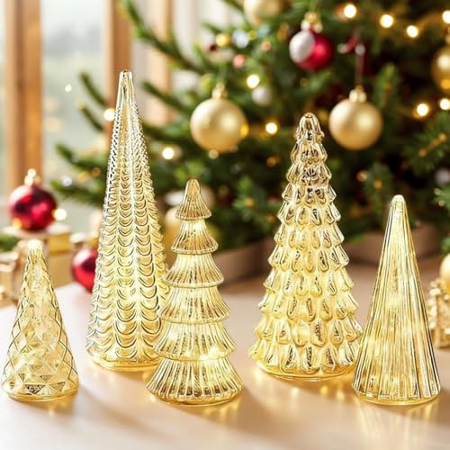 Beleuchtete Quecksilberglas-Weihnachtsbäume, 5er-Set Weihnachtsbäume aus Quecksilberglas mit LED-Beleuchtung, leuchtender Weihnachtsbaumschmuck für Tischdekoration, Kaminsims