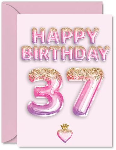 37th Birthday Cards for Women and Men, Pink & Purple Glitter Balloons | Happy Birthday Card for 37 Year Old Man Woman Daughter Uncle Niece Wife, A5 Bday Greeting Cards