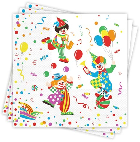 DPKOW 40 Stück Clown Servietten Karneval Deko, Bunte Servietten Faschingsdeko, Papierservietten Einwegservietten Faschingsdekoration Karnevalsdeko Tischdeko Faschingsparty Clown Zubehör, 33 x 33 cm