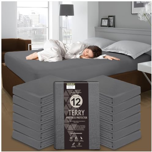 GC GAVENO CAVAILIA 30cm Deep Mattress Protector - Pack of 12 Terry Towelling Double Mattress Cover - Polycotton & Breathable Waterproof Mattress Protectors Fitted Sheet (190 x 137cm) - Charcoal