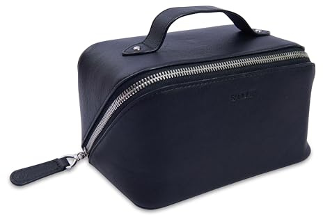 SADDLER Harriet Leather Vanity Box Case - Luxury Travel Cosmetics and Jewellery Organiser with Zip Closure, Floral Hummingbird Lining, Lightweight Makeup Bag for Women, Gift Boxed - Classic Black