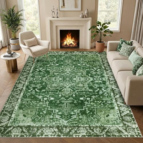 Famibay Teppich Wohnzimmer 160x230 Waschbarer Teppich Grün Vintage Boho Kurzflor Weicher Teppiche Schlafzimmer rutschfest für Esszimmer Gegend BüRo