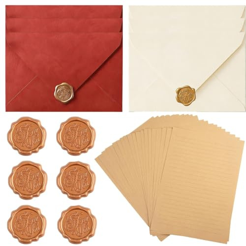 JCTEEY 32 Stück Briefpapier mit Umschlag Set, 20 Vintage Schreiben mit Linien, 6 Vintage Papier Briefumschläge, 6 Wachssiegel aufkleber für Geburtstag, Hochzeits Einladung Grußkarten