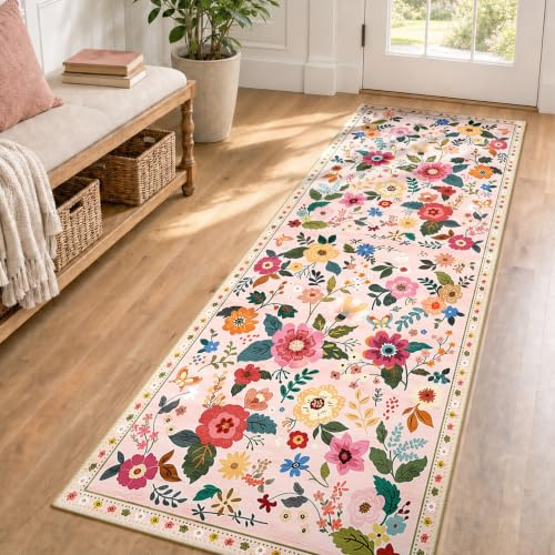DEFYNEE Teppich Läufer Flur 60x180cm Rosa/Beige, Waschbar Teppichläufer | Boho Vintage Blumenmuster Läufer Teppiche, Waschbarer Rutschfester Kurzflor Weich für Küche Eingang Schlafzimmer & Korridor