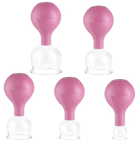 5 Pezzi Coppette per Coppettazione Massaggio Viso in Vetro, Aspirazione Sottovuoto in Silicone, Cupping Therapy per Anticellulite, Antirughe e Pelle Senza Età, per Occhi, Viso e Corpo (Rosa)