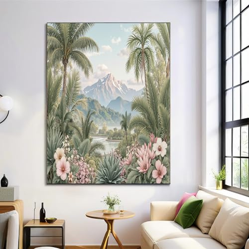GDJSMIN Sans Cadre Impression Sur Toile,Peinture Fleurs La Jungle Tableau Mural,Motif Palmiers Montagne Peinture Photo Sur Toile Tableau Decoration Murale Salon Chambre 70×100 Cm Vert Sauge