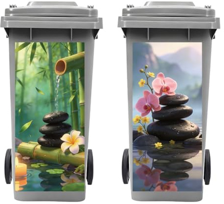 Peacoblue 2Pcs Wheelie Bin Stickers Zen Pebbles Bamboo for Dustbin Decor | 82x38cm,rubbish Cover,Large Wraps,Waterproof,Funny Decals for Fridges Door,Wall,Garden Indoor Outdoor Patio Decorative