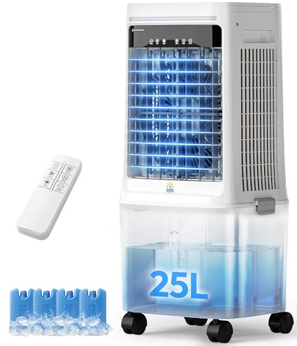 EXNOS 25L Evaporative Air Cooler Fan - 80W Portable Air Conditioner 2000 CFM, 80° Oscillation, 4 Ice Packs, Remote Control, 12H Timer, for Home & Office