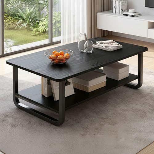 Generisch Rechteckiger Couchtisch Schwarz, Modern Wohnzimmertisch aus MDF mit 2 Offene Fächer, Kaffeetisch Sofatisch für Wohnzimmer und Büro