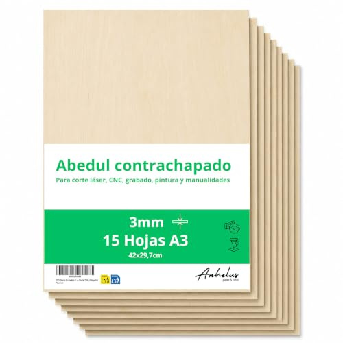15 Tableros A3 Madera de Abedul contrachapada | 3mm grosor | 42x29,7cm | Láminas para Manualidades, Corte Láser, Grabado, Pirograbado, Router CNC y Maquetas